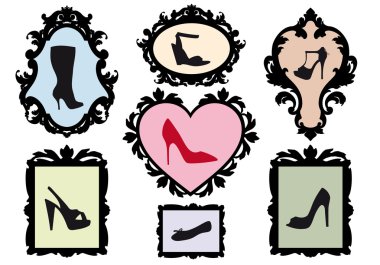 Shoe silhouettes in antique frames, vector set clipart