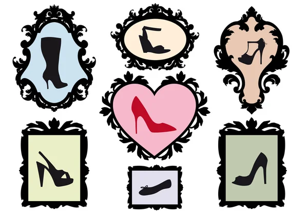 Shoe silhouettes in antique frames, vector set — Stock Vector