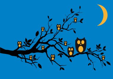 Night owls on tree, vector clipart