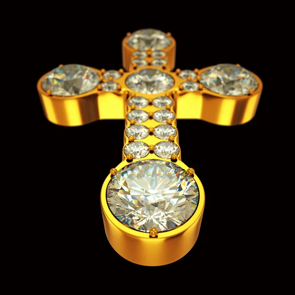 Jewelery: golden cross with diamonds over black — Stock Photo, Image
