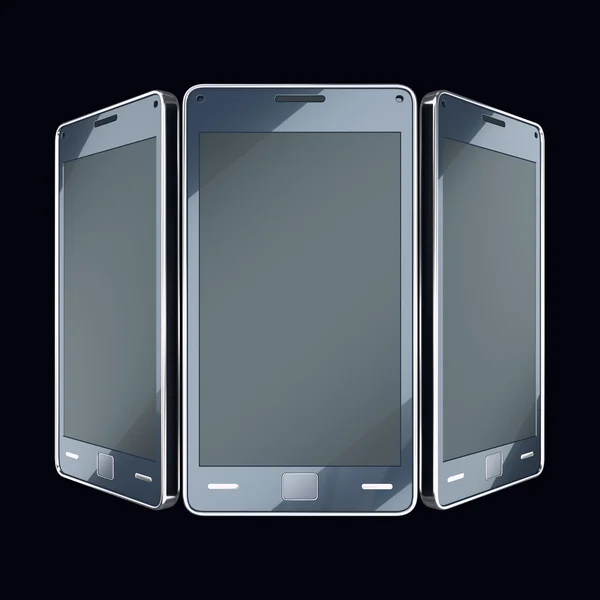 Comunicación y movilidad: teléfonos inteligentes con pantallas táctiles en b — Foto de Stock