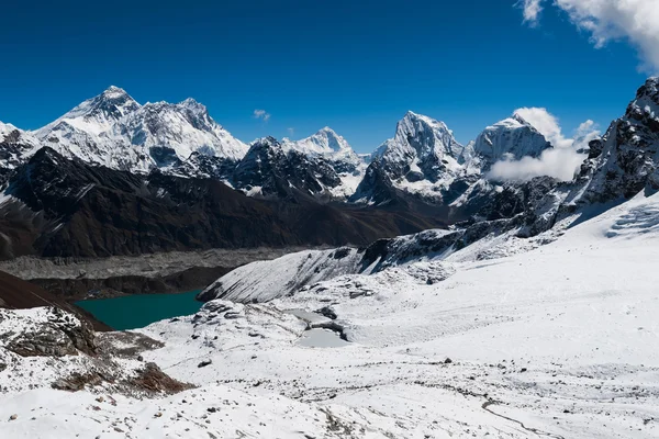 Знаменитые вершины перевала Реньо: Эверест, Макалу, Лхоцзе, Нупце — стоковое фото