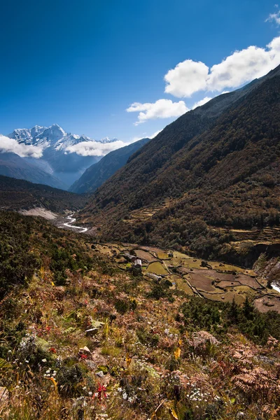 Himalaya-Landschaft: verschneite Gipfel und Hochlanddorf — Stockfoto