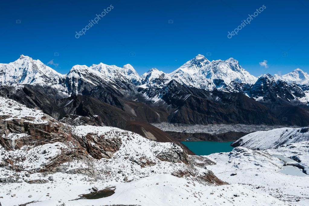 Famous peaks view from Renjo Pass: Everest, Pumori, Makalu