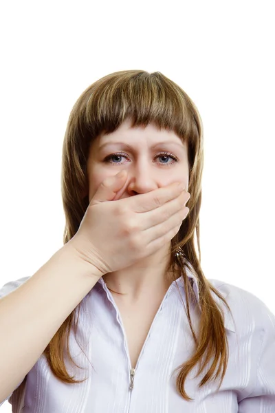 Young girl covers her mouth with his hands — Stock Photo, Image
