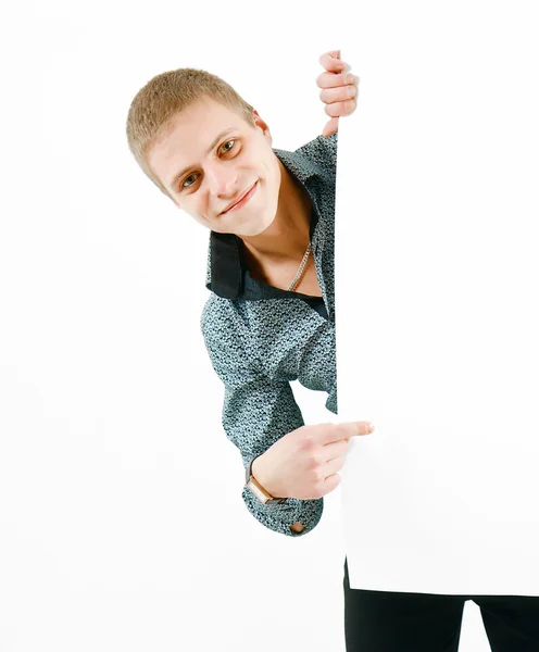 Mladý muž bílá lavice — Stock fotografie