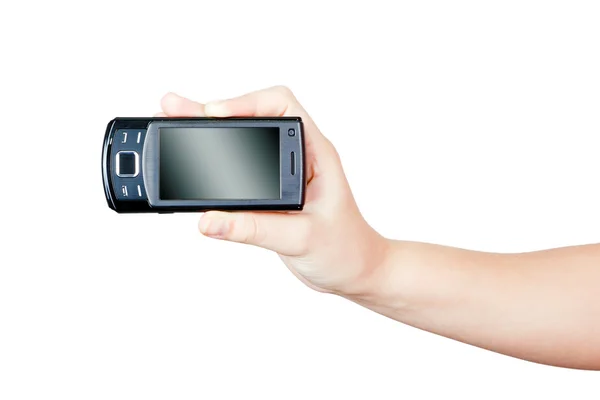 Ręka trzyma czarny telefon komórkowy — Zdjęcie stockowe