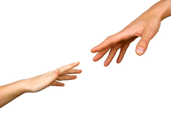 Small child's hand reaches for the big hand man — Stock Photo, Image