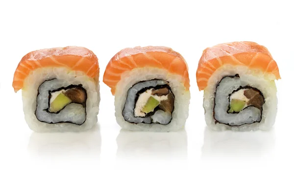 stock image Three fresh sushi with salmon and avocado