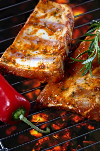 Raw pork ribs on grill — Stock Photo, Image