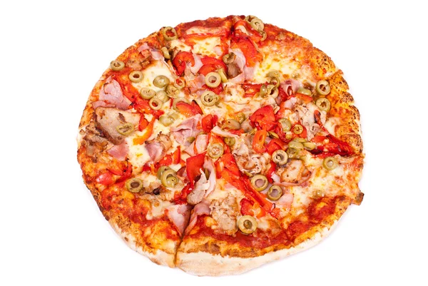 Excellent pizza with mozzarella, ham, pork, pickled peppers, oli — Stock Photo, Image