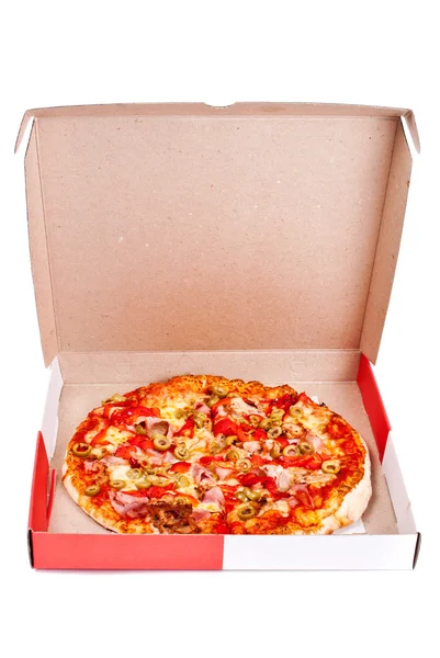 Excellent pizza in box with mozzarella, ham, pork, pickled peppe — Stock Photo, Image