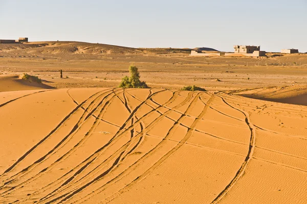 Tracks on Erg Chebbi at Morocco — Stock Photo, Image