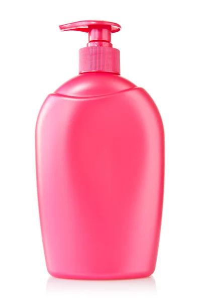 Rode plastic fles met vloeibare zeep — Stockfoto