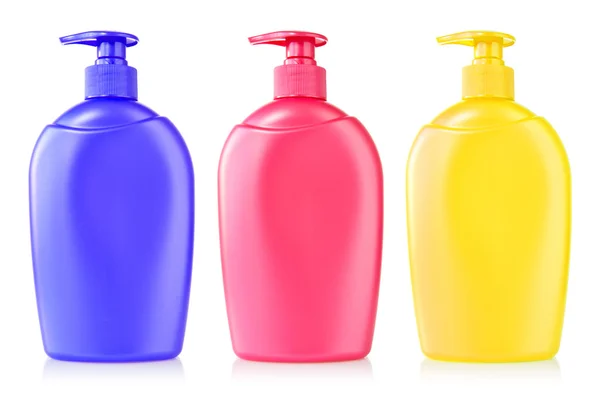 Trzy kolor butelki z tworzyw sztucznych — Zdjęcie stockowe