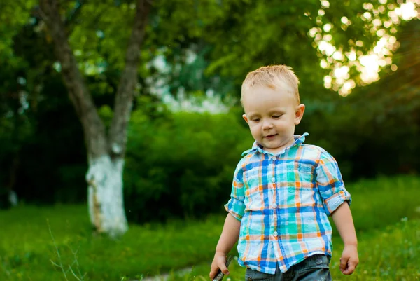 美しい男の赤ちゃん、草の上の夏の肖像画 — ストック写真