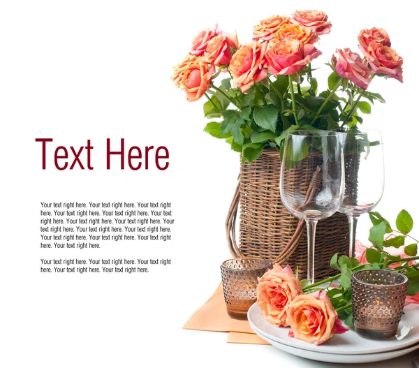 Template with festive table setting with roses — Stock Photo, Image