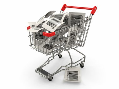 Shopping cart with barcode labels. 3d clipart