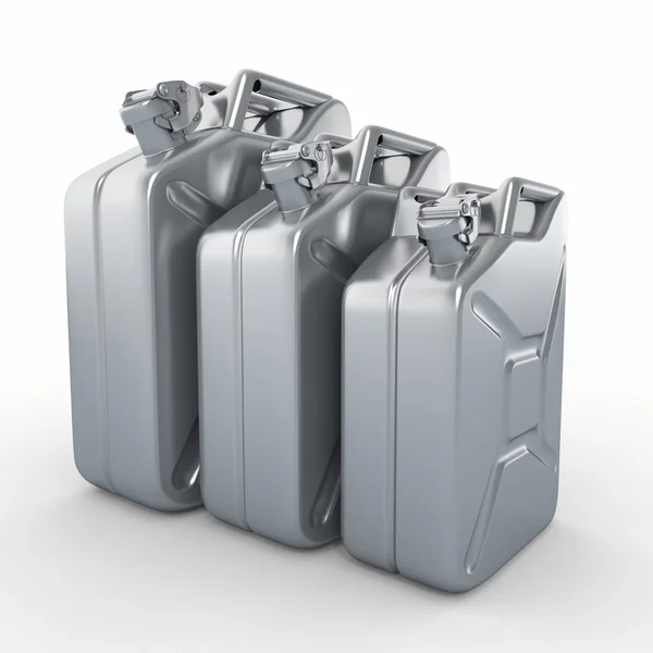 Três jerrycans de alumínio. lata de gasolina no fundo branco — Fotografia de Stock