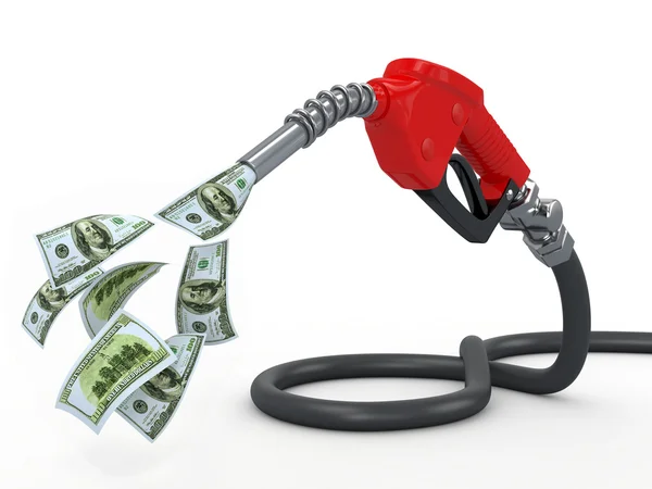 Gas pump nozzle and dollar on white background — Stock Photo, Image