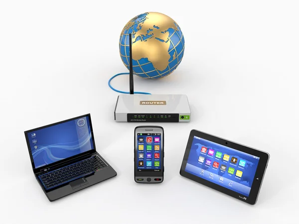 Red wifi doméstica. Internet a través de router en el teléfono, portátil y tabl —  Fotos de Stock