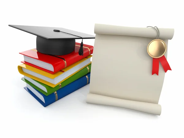 Graduación. Mortero, diploma y libros. Espacio para texto —  Fotos de Stock