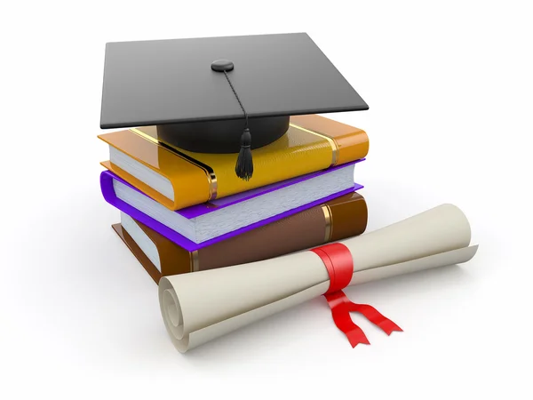 Érettségi. Mortarboard, a diploma és a könyvek. 3D — Stock Fotó