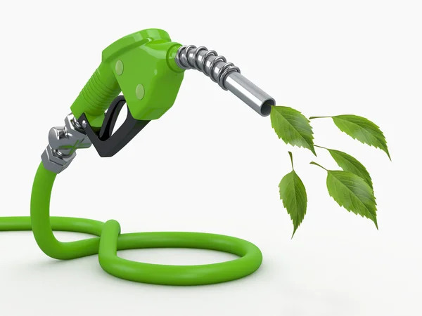 Green conservation. Gas pump nozzle and leaf — Stock Photo, Image