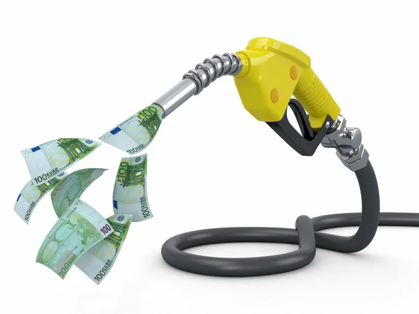 Gas pomp mondstuk en euro op witte achtergrond — Stockfoto