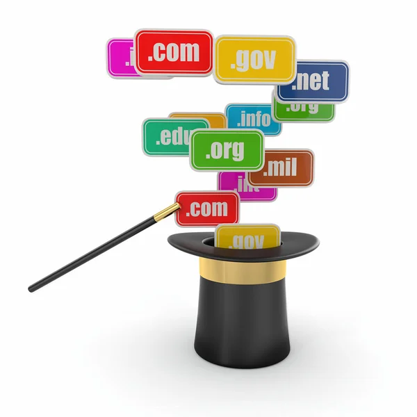 Domain-Namen auf Schildern und Zauberhut — Stockfoto