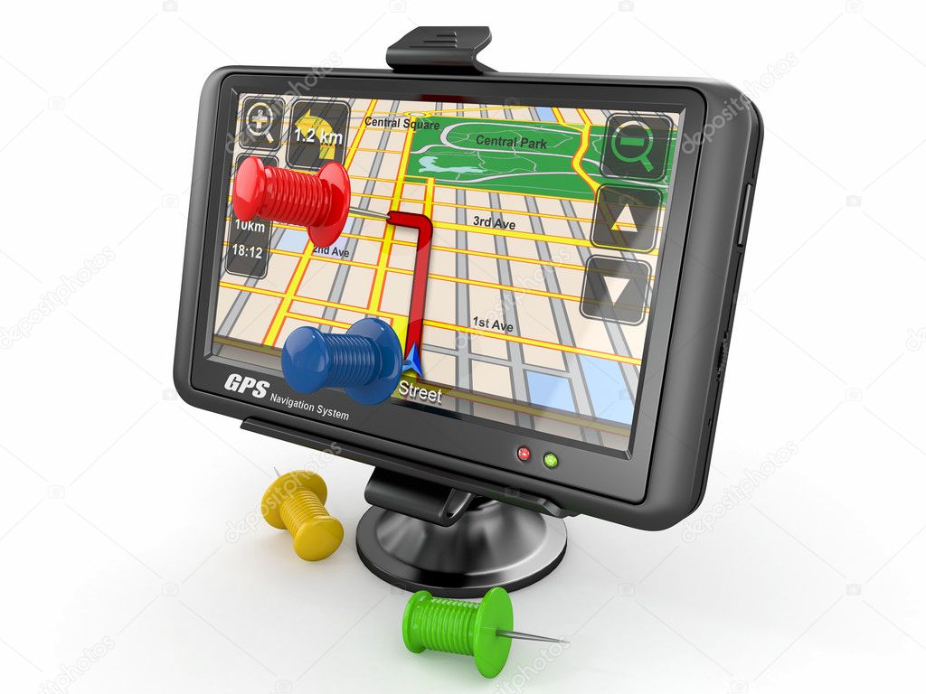 GPS. Global positioning system and thumbtacks