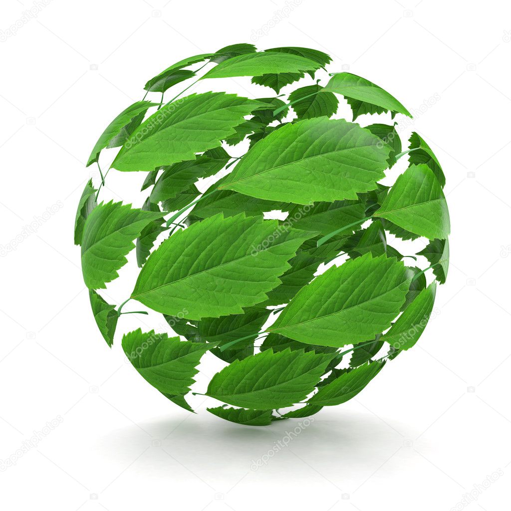 Spring. Sphere from green leaf. 3d