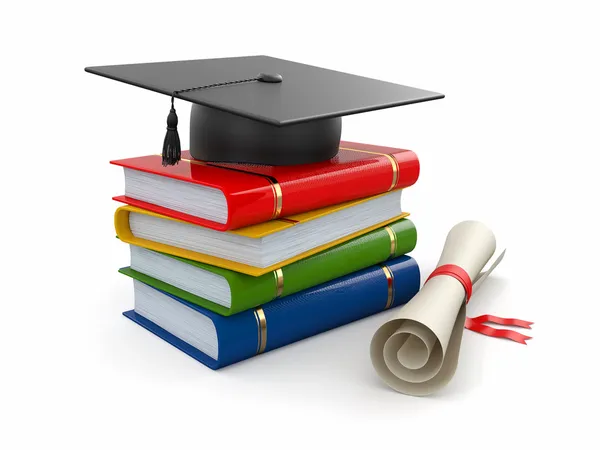 Graduierung. Mörtelbrett, Diplom und Bücher. 3d — Stockfoto
