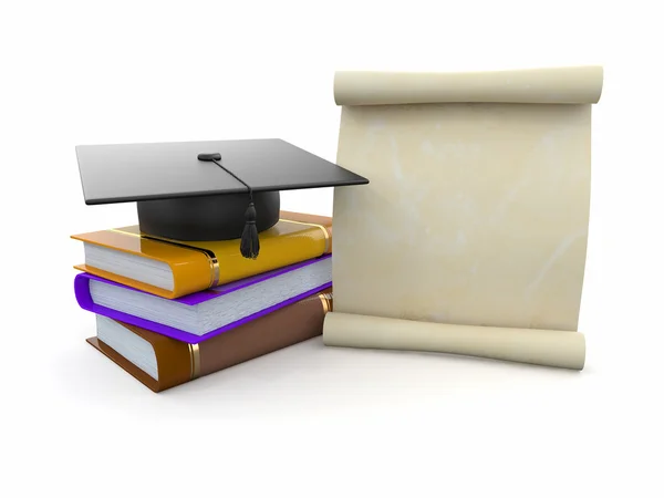 Graduation. Mortarboard, diploma and books. Space for text — Stock Photo, Image