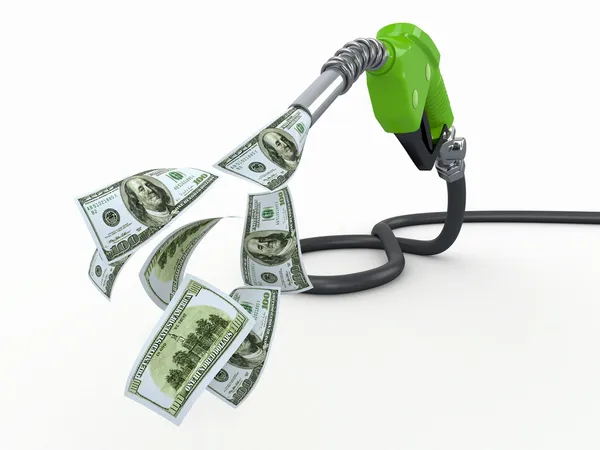 Ugello pompa gas e dollaro su sfondo bianco — Foto Stock