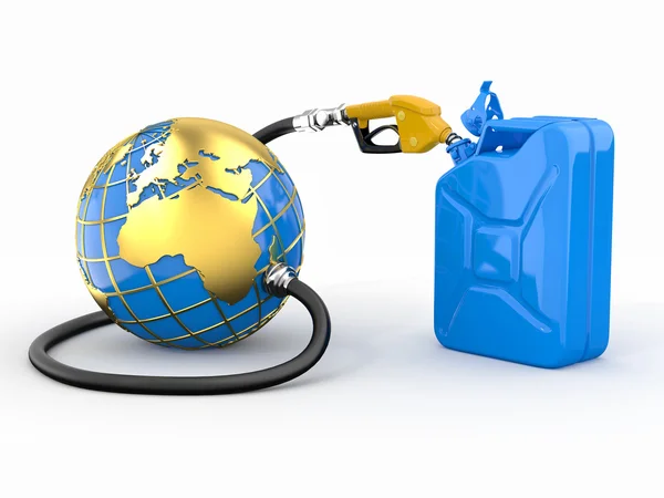 Earth, gas pump nozzle and canister — Stock Photo, Image