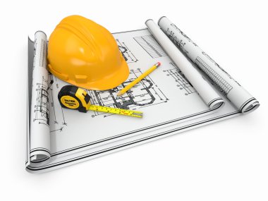 Construction concept. Hardhat, blueprint and rulers. clipart