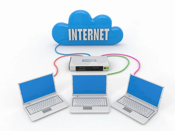 Heimnetzwerk. Router und drei Laptops — Stockfoto