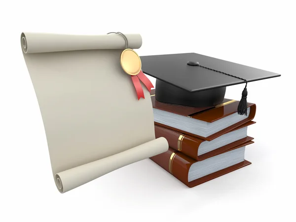 Graduação. Mortarboard, diploma e livros. Espaço para texto — Fotografia de Stock