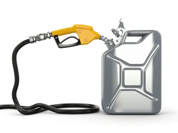 Bocal da bomba de gás e lata de combustível no fundo branco — Fotografia de Stock