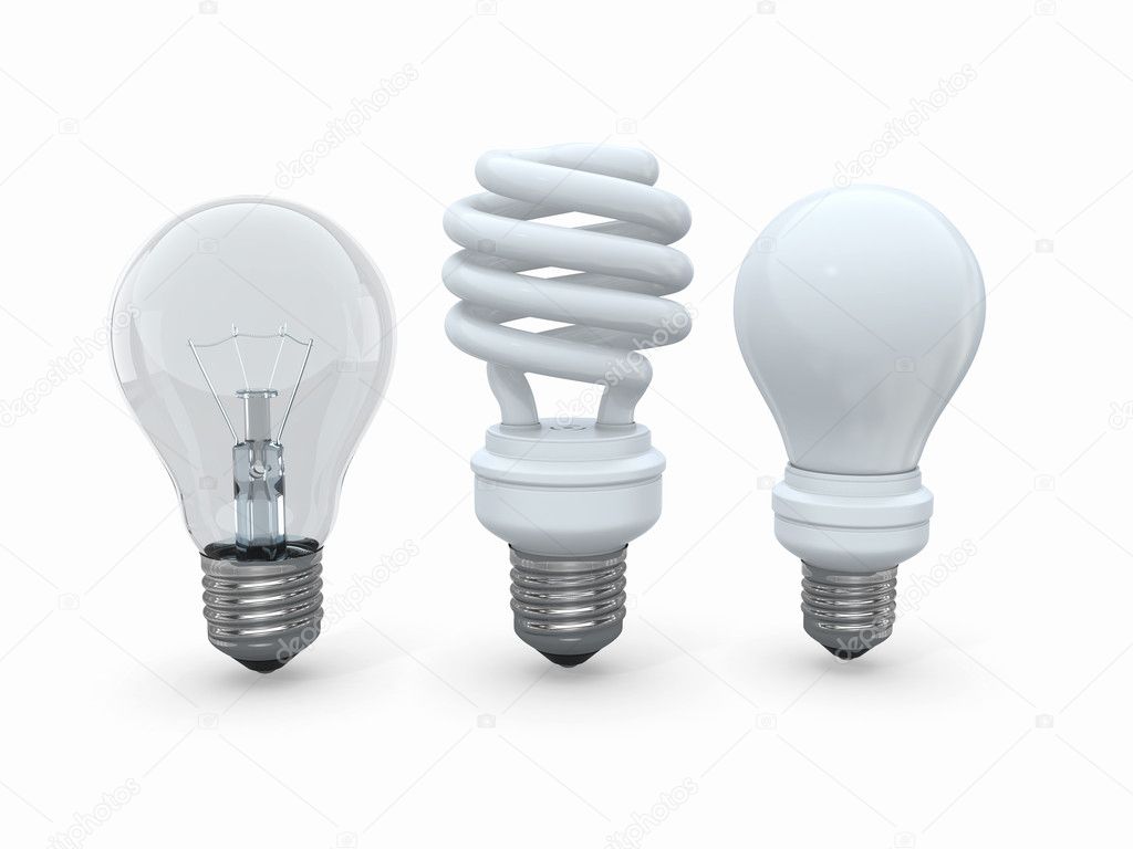 Three types of lamp bulbs on white background