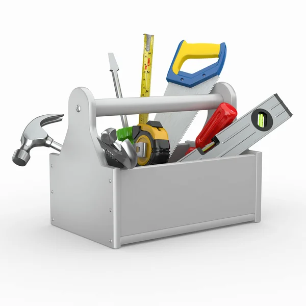 도구와 도구 상자입니다. skrewdriver, 망치, 톱, 렌치. — 스톡 사진