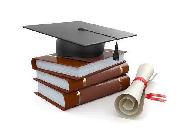 Graduation. Mortarboard, diploma and books. 3d — Stock Photo, Image