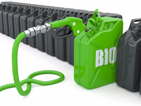 Биотопливо. Сопло газового насоса и канистра — стоковое фото