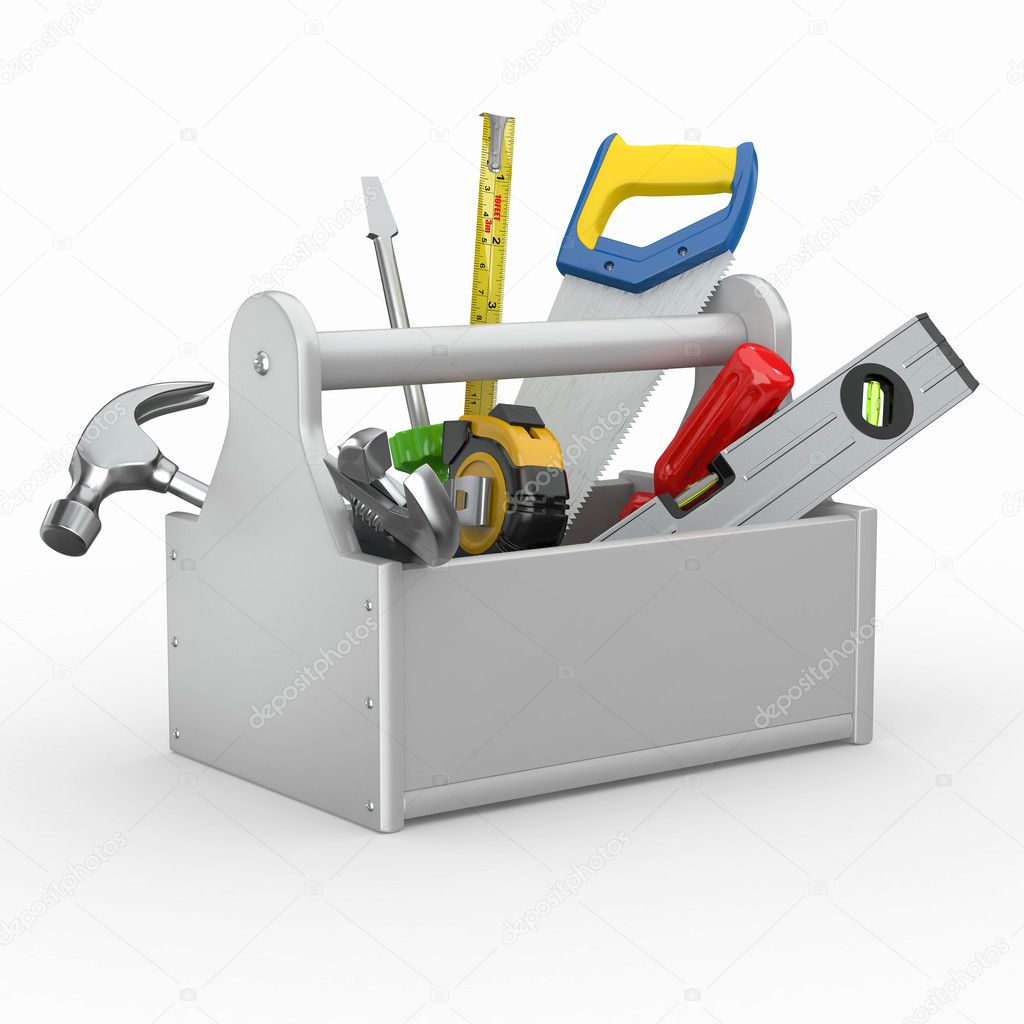 Toolbox with tools. Skrewdriver, hammer, handsaw and wrench.