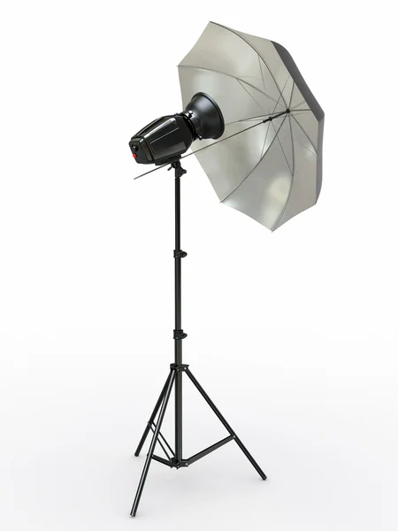 Studio verlichtingsapparatuur. flitser en een parapluStüdyo aydınlatma ekipmanları. Flash ve şemsiye — Stok fotoğraf