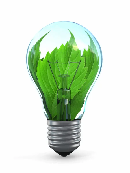 Ökologiekonzept. Glühbirne mit Blatt — Stockfoto