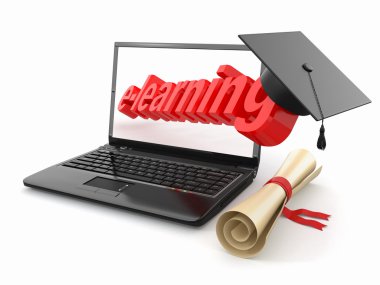 E-learning. Laptop, diploma and mortar board. clipart