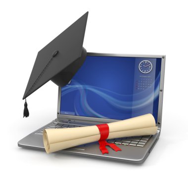 E-learning graduation. Laptop, diploma and mortar board clipart