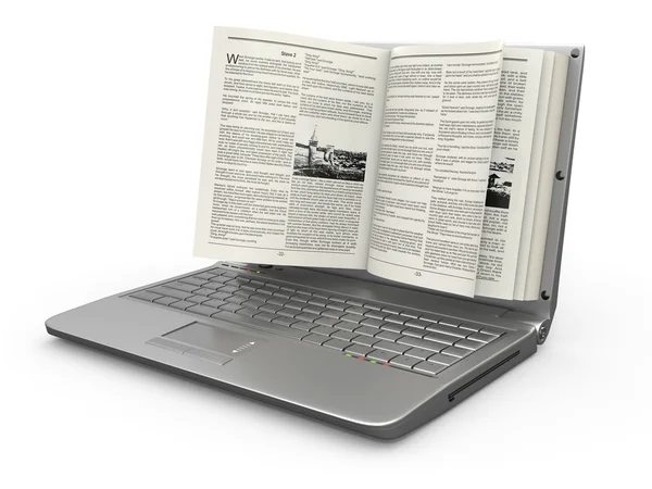 电子学习。在白色背景上的书作为便携式计算机屏幕. — 图库照片